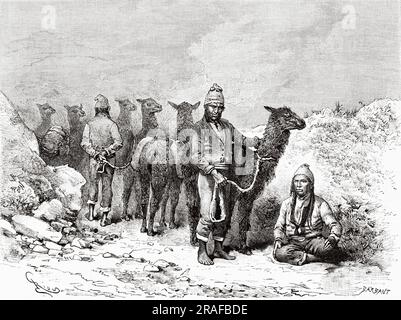 Hommes autochtones boliviens dirigeant un troupeau de lamas, Bolivie, Amérique du Sud. Voyage à la recherche des vestiges de la mission des Crevaux par Émile-Arthur Thouar 1884. Ancienne gravure du 19th siècle du Tour du monde 1906 Banque D'Images