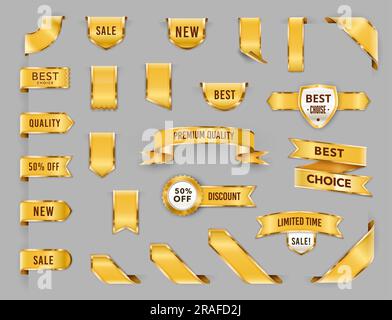 Étiquettes dorées, rubans de luxe, bannières et signets de qualité, badges et étiquettes en or vectoriel. Des étiquettes d'or de qualité supérieure pour les produits, les soldes et les promotions à prix réduit ou les offres promotionnelles à durée limitée Illustration de Vecteur