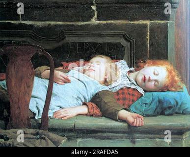 Deux filles dormant sur le banc de cuisinière 1895 par Albrecht Anker Banque D'Images