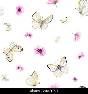 Papillons blancs volants parmi des fleurs d'anémone rose isolées sur fond blanc. Papillons de chou. Motif aquarelle sans couture. Pour les tirages, le tissu Banque D'Images