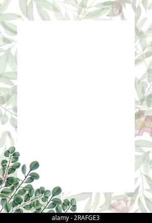 Cadre floral vertical avec branches d'eucalyptus vertes. Illustration aquarelle isolée sur fond végétal. Modèle pour Enregistrer la date, jour de la Saint-Valentin Banque D'Images