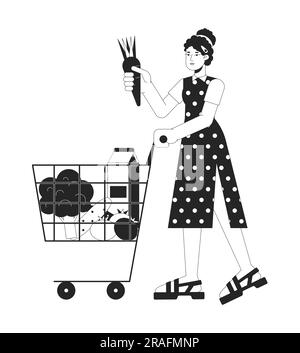 Femme occupée à faire du shopping ligne plate noir blanc personnage vectoriel Illustration de Vecteur