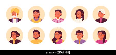 Pack de têtes de personnage vectorielles de couleur semi-plates pour vêtements traditionnels indiens Illustration de Vecteur