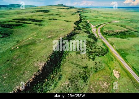 Image aérienne du parc provincial Head-Smashed-in Buffalo Jump, Alberta, Canada Banque D'Images