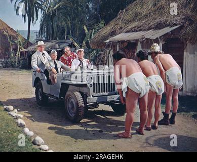 Glenn Ford (assis, Jeep), Earl Holliman (Jeep au volant), sur le tournage du film, « ne pas aller près de l'eau », MGM, 1957 Banque D'Images