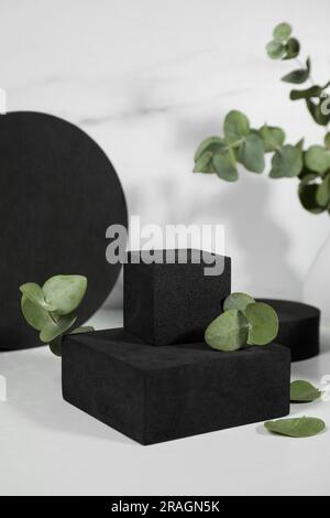 Figurines géométriques noires et feuilles d'eucalyptus sur une table en marbre blanc. Présentation élégante du produit Banque D'Images