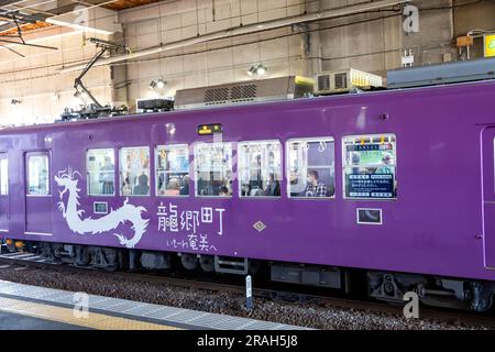 La gare d'Arashiyaama, ligne de tramway Keifuku Randen est exploitée par la société privée Keifuku Electric Railroad, Kyoto, Japon Banque D'Images