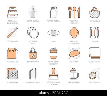 Aucune icône de ligne plate de produits de déchets définie. Bouteille réutilisable, coutellerie en bois, paille métallique, tampon d'époque, illustration du vecteur du masque facial. Décrivez les signes de Illustration de Vecteur