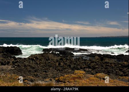 Phillip Island était volcanique dans un passé lointain, il a donc beaucoup de côtes noires et rocheuses, avec des piscines rocheuses à explorer - si vous pouvez y arriver! Banque D'Images