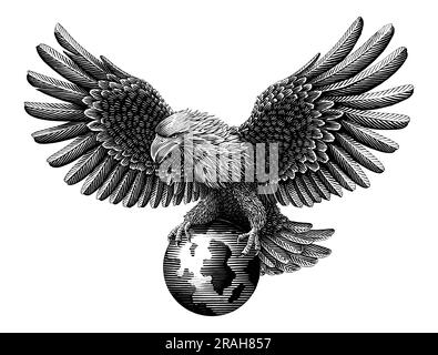 L'aigle à pied sur le globe dessin main vintage gravure style noir et blanc clip art Illustration de Vecteur