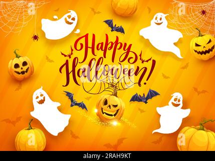 Dessins animés halloween fantômes volants. Carte de vœux Vector automne avec des spaks amusants, des citrouilles, des chauves-souris, une toile d'araignée et des étincelles sur fond orange avec lettrage. 31 octobre design avec fantômes Illustration de Vecteur