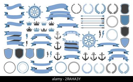 Emblème, sceau, couronne et couronne vintage, symboles flèche, ancre et bouclier. Ensemble d'éléments nautiques à héraldies vectoriels avec casque rétro, éclairs et banderoles en ruban, emblème de la marine et insigne Illustration de Vecteur