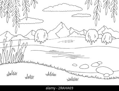 Saules sur les rives de la rivière graphique paysage noir blanc vecteur d'illustration Illustration de Vecteur
