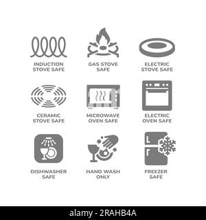 Ensemble d'icônes de sécurité pour cuisinière électrique, à gaz et à induction. Lave-vaisselle, micro-ondes, étiquettes électriques pour casseroles, poêles et plats. Illustration de Vecteur
