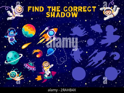 Trouvez l'ombre correcte des espaces et des planètes. Feuille de travail de jeu vectoriel pour enfants, activité logique pour enfants, éducation préscolaire avec des astronautes, des extraterrestres, des roquettes et des objets cosmiques mignons Illustration de Vecteur