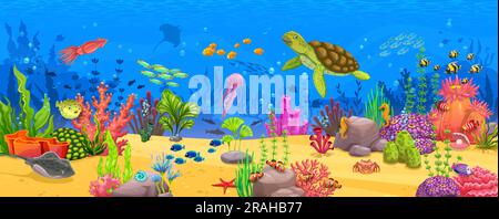 Paysage sous-marin de dessins animés avec des bancs de tortues et de poissons, des algues, des coraux et des récifs. Faune aquatique sous-marine paysage, corail eau de fond du monde ou mer faune profonde scène ou papier peint Illustration de Vecteur