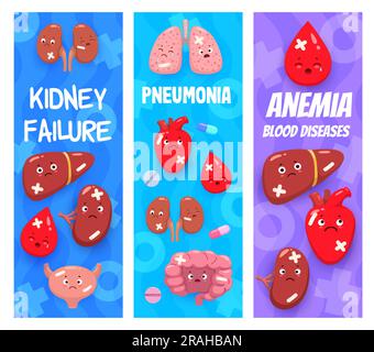 Anémie, pneumonie et maladies d'insuffisance rénale avec personnages d'organes de corps malade de dessin animé, fond vectoriel. Organes malades coeur avec goutte de sang et poumons avec infection pour la clinique médicale de santé Illustration de Vecteur