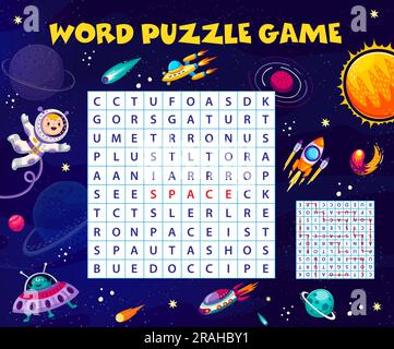 Jeu de puzzle de recherche de mot. Dessin animé astronaute gai, ovni rapide et fusée, planètes spatiales galaxies et étoiles. Feuille de travail de mots croisés vectoriels, grille de quiz. Casse-tête pour les enfants, tâche de langue Illustration de Vecteur
