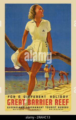 Pour des vacances différentes. Grande barrière de corail par Percy Trompf (1902-1964). Affiche publiée en 1934 en Australie. Banque D'Images