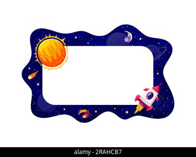 Cadre de bordure avec paysage de l'espace galaxie, fusée et soleil. Modèle sur le thème céleste vectoriel présentant un mélange hypnotisant de merveilles cosmiques, capturant l'attrait de l'exploration spatiale et de la radiance solaire Illustration de Vecteur