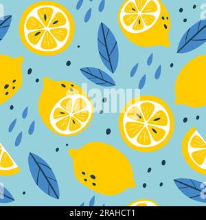 Motif sans couture citron. Répétition carrée, avec citrons, tranches et feuilles. Composition jaune et bleu. Motif vectoriel plat. Illustration de Vecteur