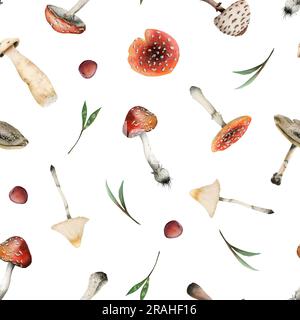 Toadstools et aquarelle agarique à la mouche modèle sans couture avec des champignons toxiques rouges et blancs, de l'herbe et des baies sur blanc Banque D'Images