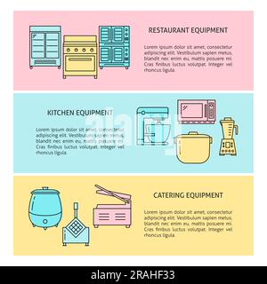 Modèles de banderoles pour équipements de cuisine professionnels avec place pour le texte. Symboles des appareils électroménagers de la cuisine du restaurant en style ligne. Illustration vectorielle. Illustration de Vecteur