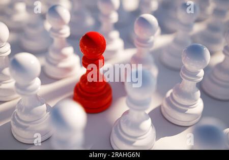 Pion d'échecs rouge parmi les pions blancs . Concept de leadership. rendu 3d. Banque D'Images