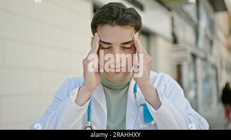 Un jeune homme hispanique médecin a stressé en souffrant de maux de tête à l'hôpital Banque D'Images