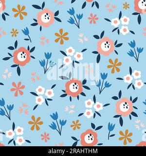 Motif fleuri sans couture avec petites fleurs abstraites. Joli motif de répétition sur fond carré bleu clair. Illustration vectorielle. Illustration de Vecteur