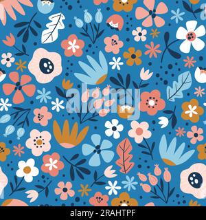 Motif fleuri sans couture sur fond bleu. Joli motif de répétition avec fleurs isolées colorées. Motif carré. Illustration vectorielle. Illustration de Vecteur