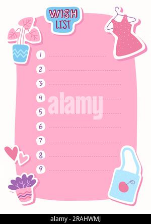 Papier de planification. Liste de souhaits, cadre pour le texte avec des chiffres, robe mignonne et sac shopper, fleurs dans des pots, page de rappel vierge pour la carte de journal, organisateur Illustration de Vecteur