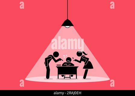 Parent obligeant un enfant à étudier dur et donnant de la pression à faire des devoirs à l'école. Les concepts de l'illustration vectorielle représentent le stress d'apprentissage, le paren en surpassant Illustration de Vecteur