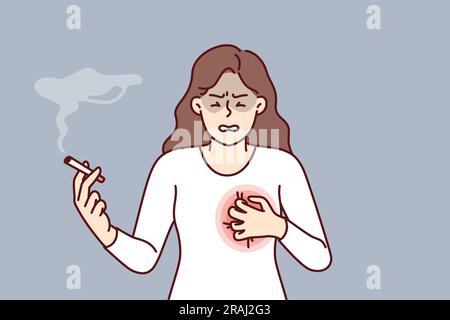 La femme fume avec des problèmes cardiaques a besoin d'abandonner les cigarettes et le tabac pour éviter de mourir du cancer. La fille malade ressent une douleur sévère dans la poitrine en raison du tabagisme à long terme de cigarettes à la nicotine. Illustration de Vecteur