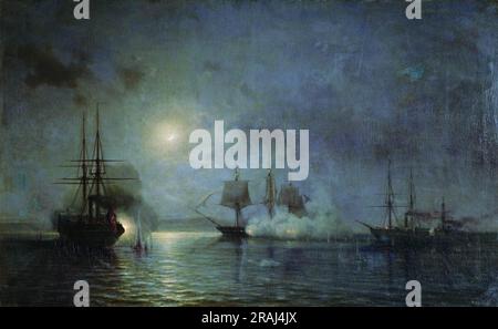 Les bateaux à vapeur turcs attaquent 44 armes à feu fregate Flora 1857 par Alexey Bogolyubov Banque D'Images