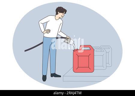 Conducteur mâle avec essence de chantier pistolet dans la canettes à la station-service. Sourire homme acheter pétrole recueillir liquide dans le réservoir. Illustration vectorielle plate, personnage de dessin animé. Illustration de Vecteur