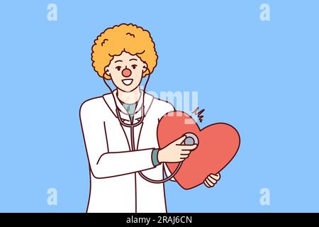 Médecin avec la coupe de cheveux clown tient le stéthoscope et le grand coeur à la main pour féliciter les enfants le jour de nez rouge. Un médecin pédiatre drôle appelle à s'appuyer sur les maladies cardiovasculaires et à subir des diagnostics Illustration de Vecteur