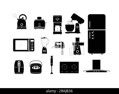 Ensemble d'appareils de cuisine silhouette vecteur plat. Ensemble de 14 icônes d'ustensiles électriques de cuisine sur fond blanc. Concept de cuisine.appareils de cuisine Illustration de Vecteur