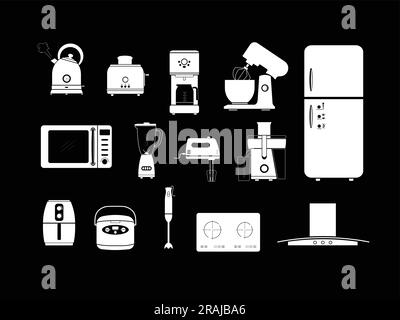 Ensemble d'appareils de cuisine silhouette vecteur plat. Ensemble de 14 icônes d'ustensiles électriques de cuisine sur fond noir. Concept de cuisine. Appareils de cuisine Illustration de Vecteur