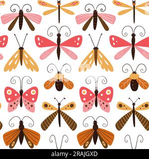 Papillons abstraits et insectes volants motif sans couture. Répétez le schéma avec les insectes volants isolatec sur fond blanc. Motif carré. Illustrateur vectoriel Illustration de Vecteur