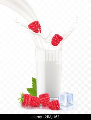 Framboise tombant dans un verre de lait ou de yaourt. Éclaboussures de lait sucré. Bannière publicitaire de milkshake de fruits, jet de yaourt, gouttes volantes, boisson blanche en verre Illustration de Vecteur