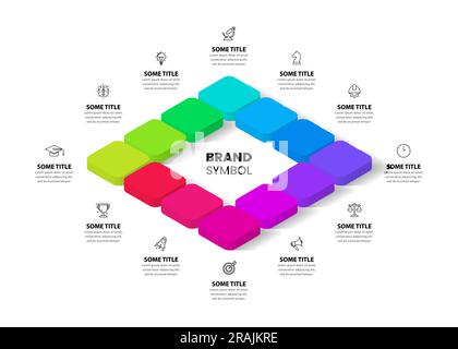 Modèle d'infographie avec icônes et 12 options ou étapes. Carrés isométriques. Peut être utilisé pour la mise en page de flux de travail, le diagramme, la bannière, la conception Web. Vecteur illust Illustration de Vecteur