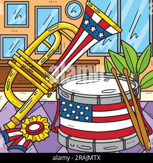 4th de juillet Marching tambour et trompette de couleur Illustration de Vecteur