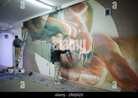 Hambourg, Allemagne. 04th juillet 2023. Les artistes Jacklack et Fesa travaillent sur leur murale dans le couloir sous le stand principal du stade Millerntor. La Millerntor Gallery, un festival international d'art, de musique et de culture qui met l'accent sur les artistes de divers genres chaque année au FC St. Le stade Pauli, tourne autour du thème de l'eau pendant quatre jours de 13 juillet. Credit: Christian Charisius/dpa/Alay Live News Banque D'Images