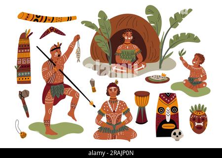 Peuple africain. Ornements ethniques traditionnels. Personnages tribaux avec des vêtements en feuilles de palmier. Adultes et enfants. Chasseurs aborigènes. Femme indigène in Illustration de Vecteur