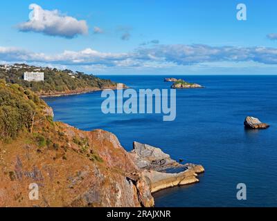 Royaume-Uni, Devon, Torbay, Torquay, East Shag, Thatcher Rock et Ore Stone Banque D'Images