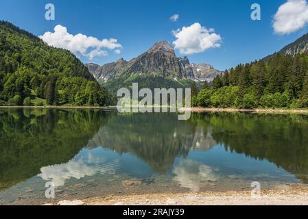 Lac Obersee avec vue vers Bruennelistock (2133 m) dans les Alpes glareuses, Naefels, Canton de Glaris, Suisse Banque D'Images
