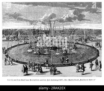 La fontaine de Latona, au centre du jardin de Versailles, décorée par 20 grenouilles en fonte qui jaillissent de l'eau - comme on l'a vu à l'époque de Louis XIV - dédiée à la mère d'Apollon, le dieu solaire qu'il avait choisi pour son emblème. Banque D'Images