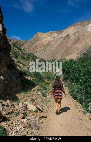 Femme aux cheveux longs dans une chemise à carreaux rouge marche le long d'un sentier touristique dans un canyon Kyzyl-Chin tract, Altaï Mars. Photo verticale d'été Banque D'Images