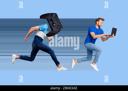 Collage de bannière d'affiche de deux personnes productif travailleur efficace s'enfuir de la procrastination workaholic no relax jouer des jeux Banque D'Images